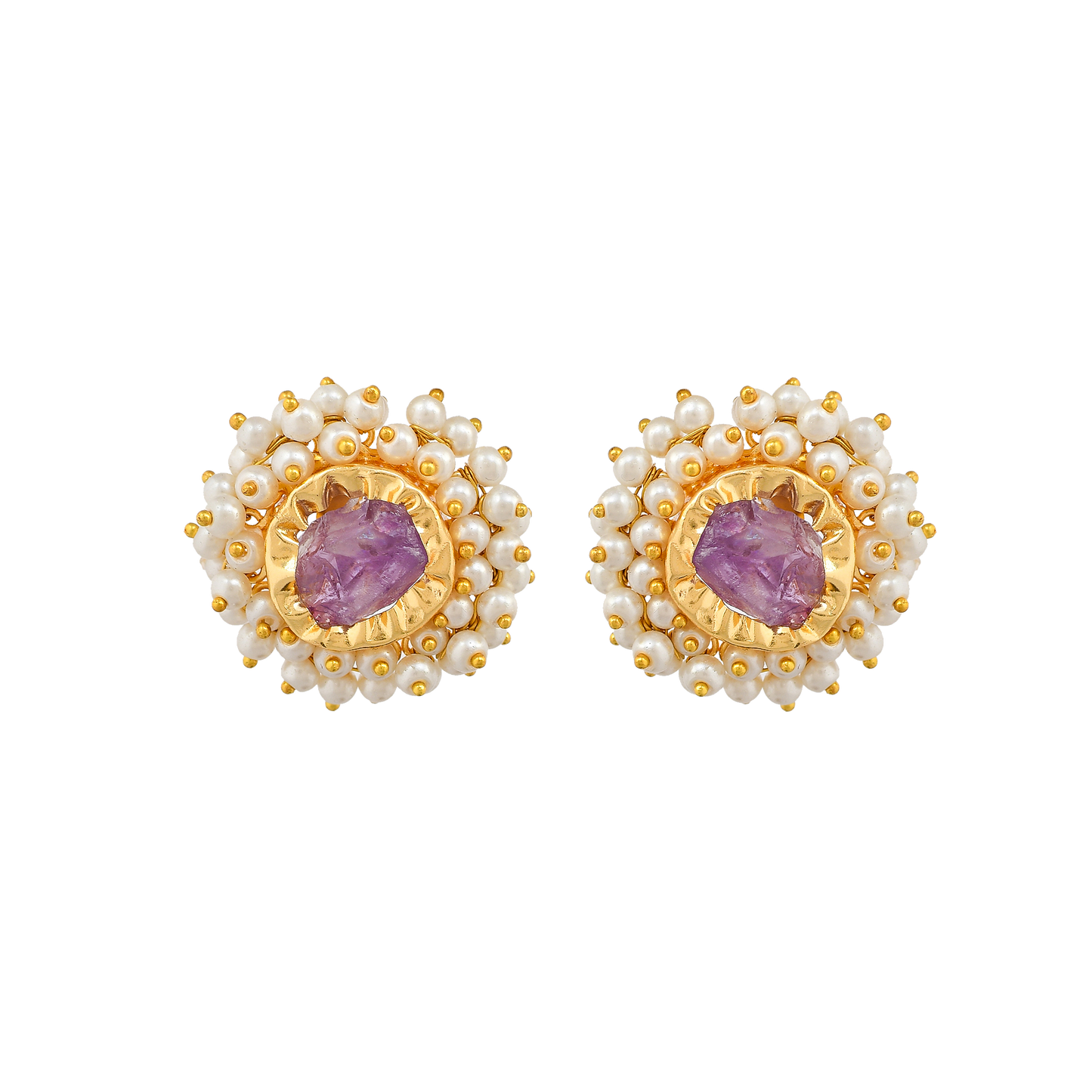 Amethyst & Pearl Brass Floral Stud Earrings - DeKulture DKW-823-E