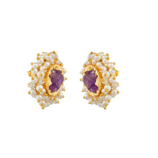 Amethyst & Pearl Brass Floral Stud Earrings - DeKulture DKW-823-E