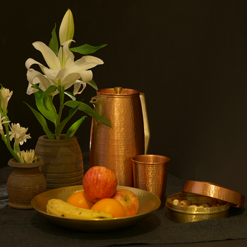 Flower Pot, Brass Fruit Platter Tumbler Jug and Copper Container