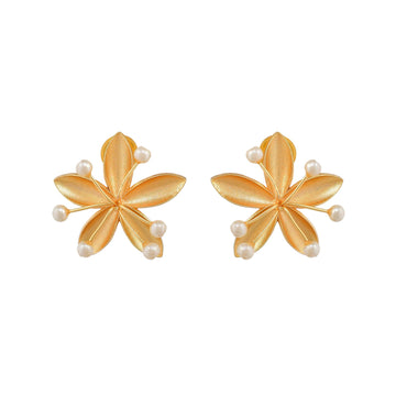 Natural Pearl Brass Floral Stud Earring - DeKulture DKW-826-E