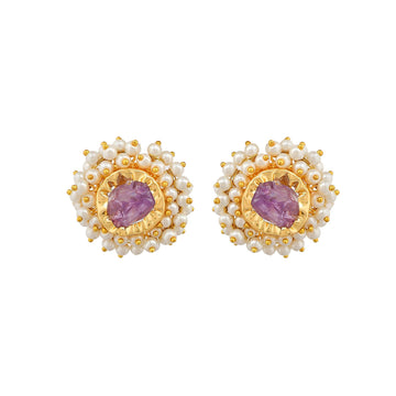 Pearl Brass Floral Stud Earrings - DeKulture DKW-823-E