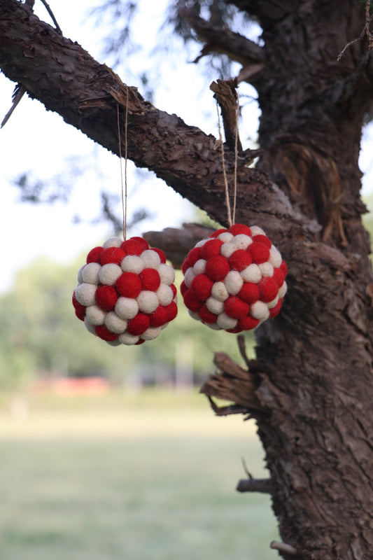 Red Pom Pom Bauble Ornament (Set Of 2)