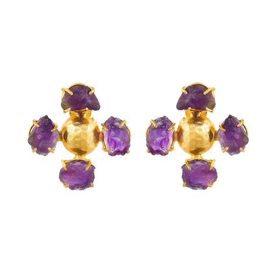 Amethyst Brass Flash Gold Plating Floral Stud Earring - DeKulture DKW-814-E