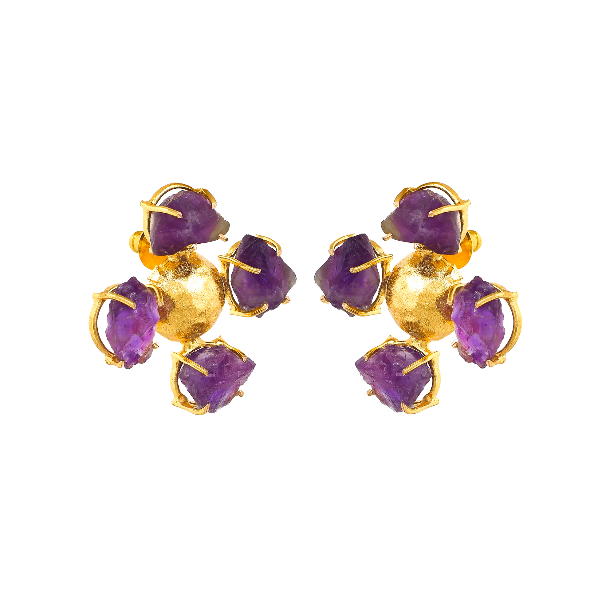 Amethyst Brass Flash Gold Plating Floral Stud Earring - DeKulture DKW-814-E