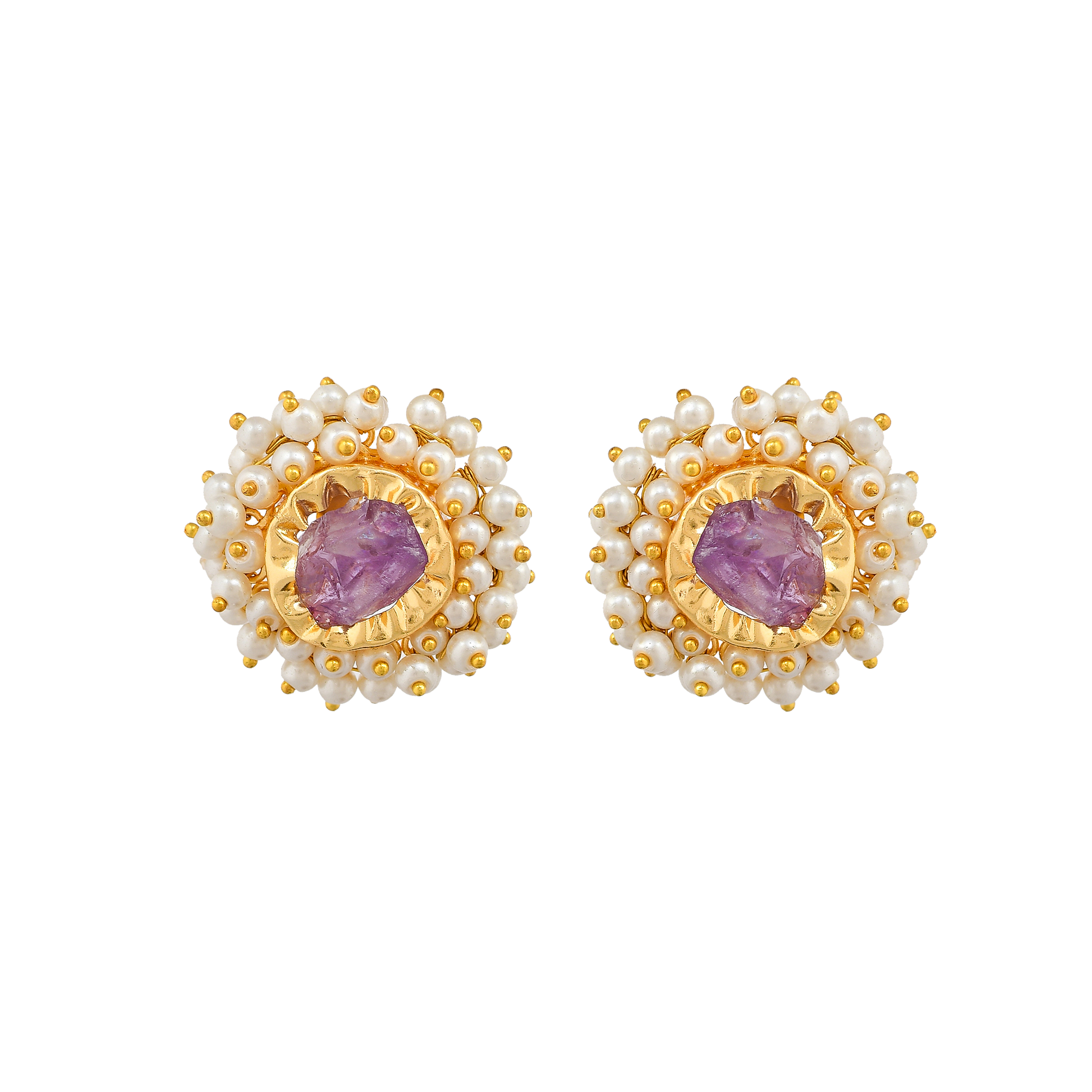 Amethyst & Pearl Brass Floral Stud Earrings - DeKulture DKW-823-E
