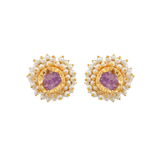 Amethyst & Pearl Brass Floral Stud Earrings - DeKulture DKW-823-E