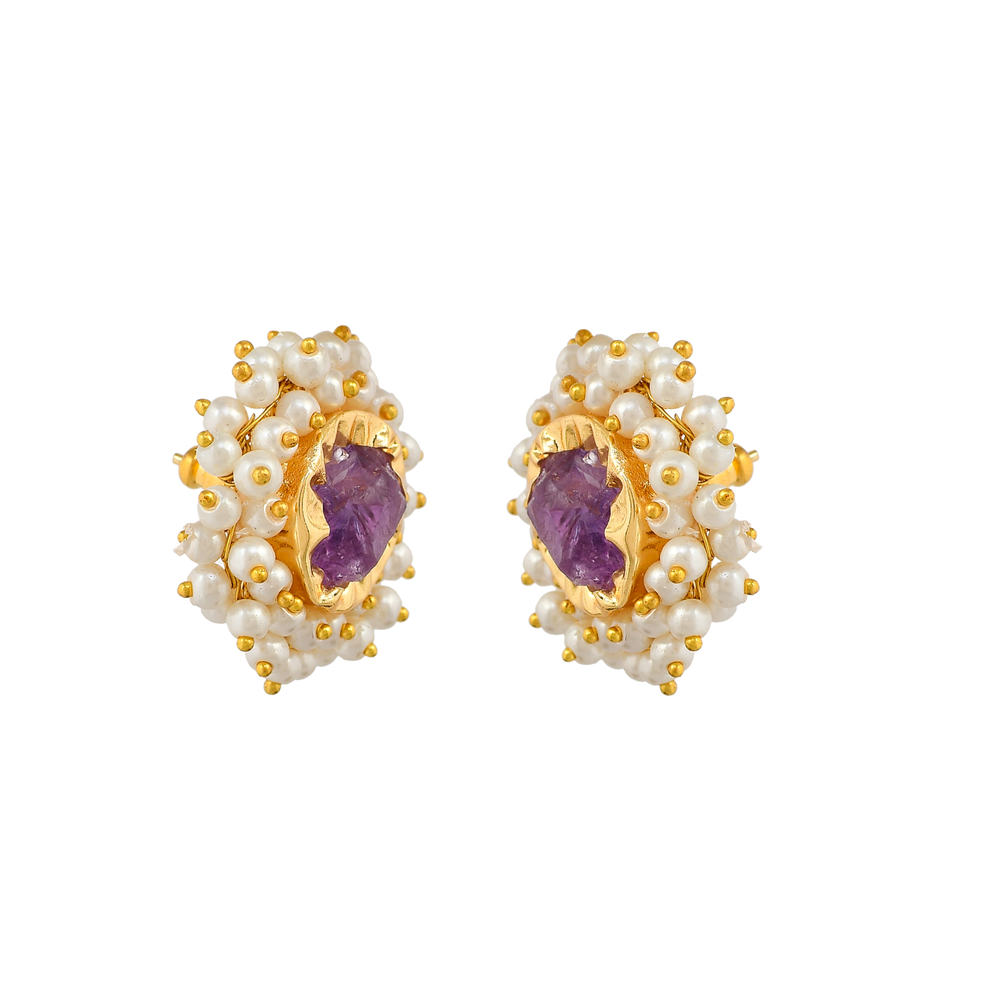 Amethyst & Pearl Brass Floral Stud Earrings - DeKulture DKW-823-E