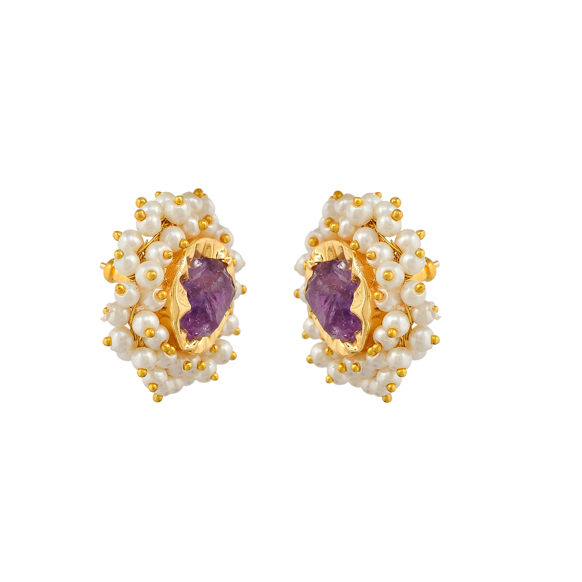 Amethyst & Pearl Brass Floral Stud Earrings - DeKulture DKW-823-E
