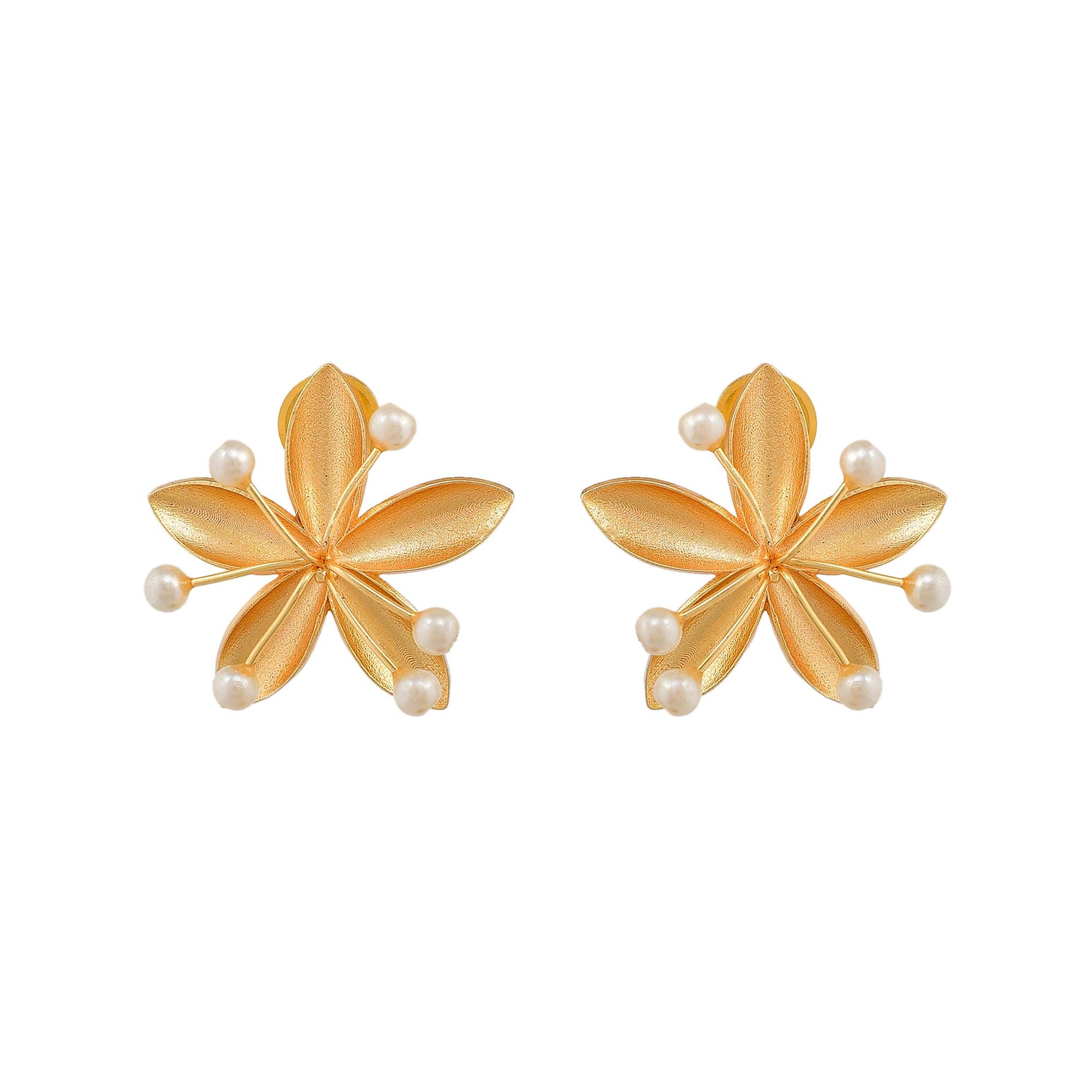 Natural Pearl Brass Floral Stud Earring - DeKulture DKW-826-E