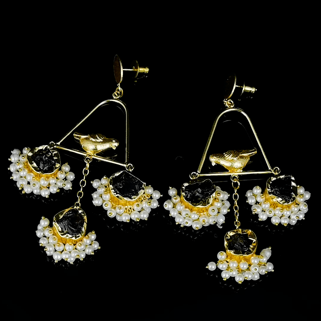 Pearl & Gemstone Brass Floral Stud Earring - DeKulture DKW-838-E