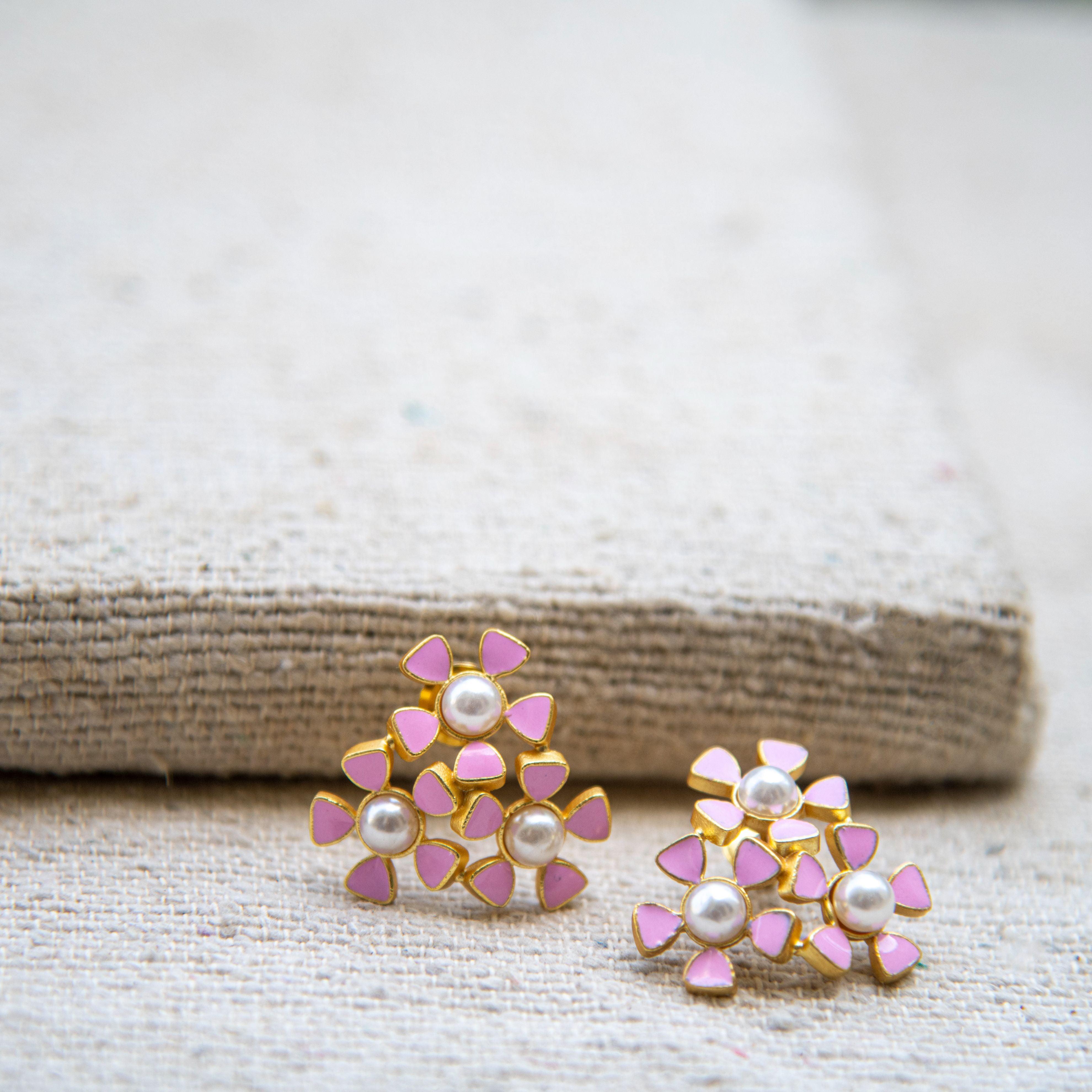 Tri-Flower Enameled Flash Gold Plated Stud Earing - DeKulture DKW-1445-SEJ