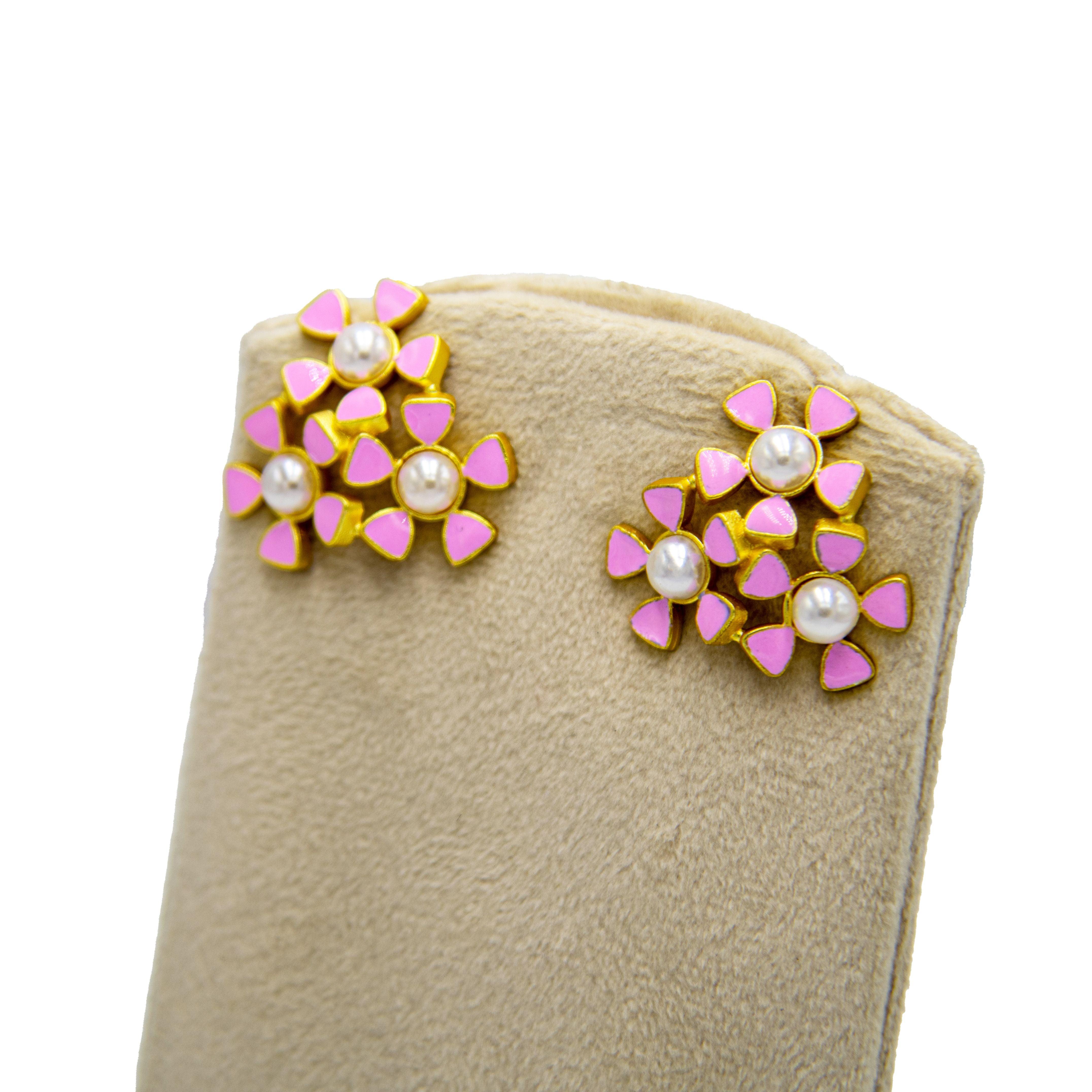 Tri-Flower Enameled Flash Gold Plated Stud Earing - DeKulture DKW-1445-SEJ