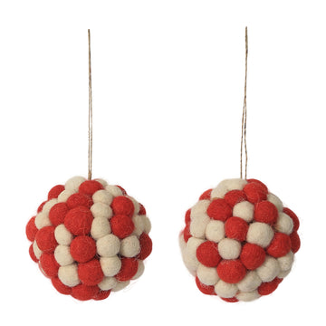 Red Pom Pom Bauble Ornament (Set Of 2)